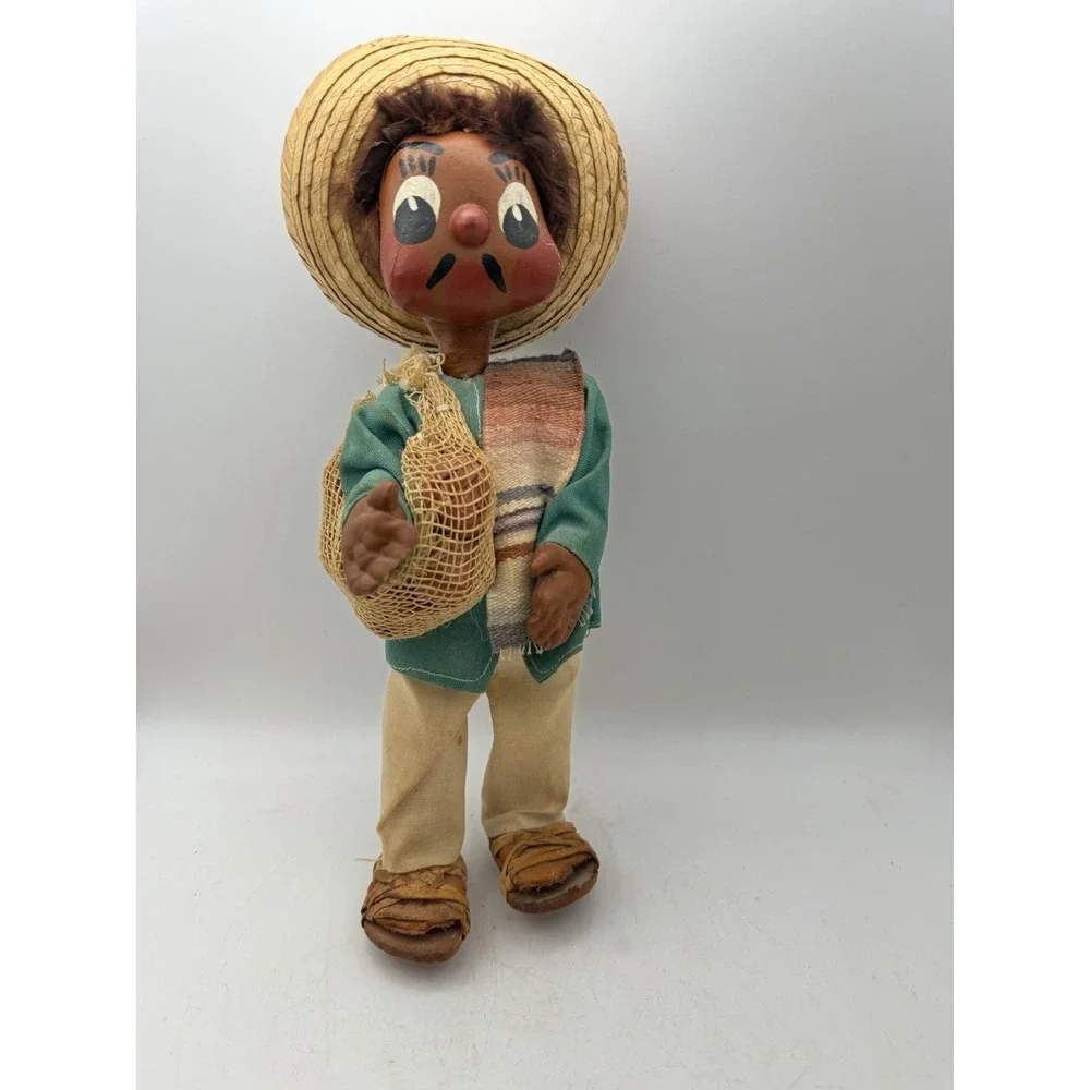 Vintage Mexican Folk Art Doll Straw Sombrero Cloth Body Painted Face 10